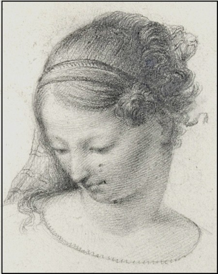 Głowa młodej kobiety, szkic w sztambuchu Augusta Potockiego (1806-1867), papier, ołówek, kredka 1816-1834, Wil.4842
