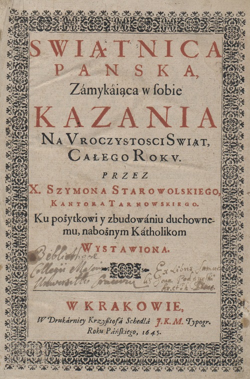 Okładka starej księgi pt. Świątnica Pańska zamykająca w sobie kazania na uroczystości świąt całego roku". 