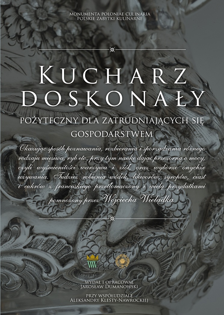 Czarno-biała okładka do książki pod tytułem „Kucharz doskonały”. Zdjęcie wykorzystane do okładki przedstawia fragment ozdoby w pałacu wilanowskim z wężem.