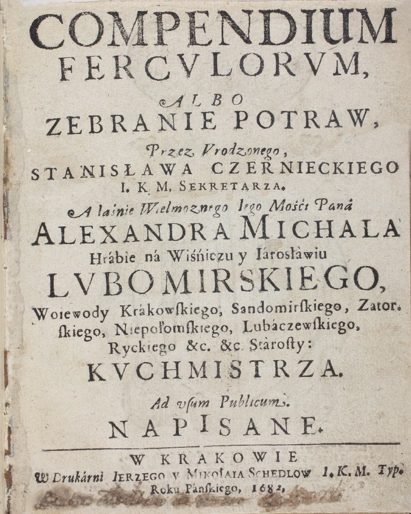 Karta księgi z napisami. Jest to strona tytułowa wydania Compendium ferculorum z 1682 r. 