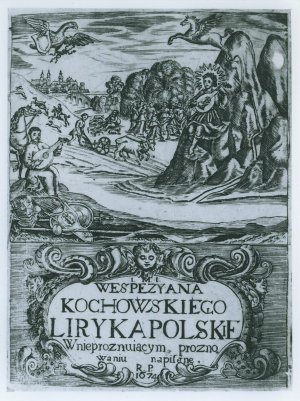 Karta tytułowa tomu liryków Wespazjana Kochowskiego. Kompozycja podzielona jest na dwie części. Na dole znajduje się kartusz i tytuł „Wespazjana Kochowskiego Liryka Polskie”. Powyżej znajduje się pejzaż, który przedstawia góry, sceny z życia rolników, w oddali miasto.