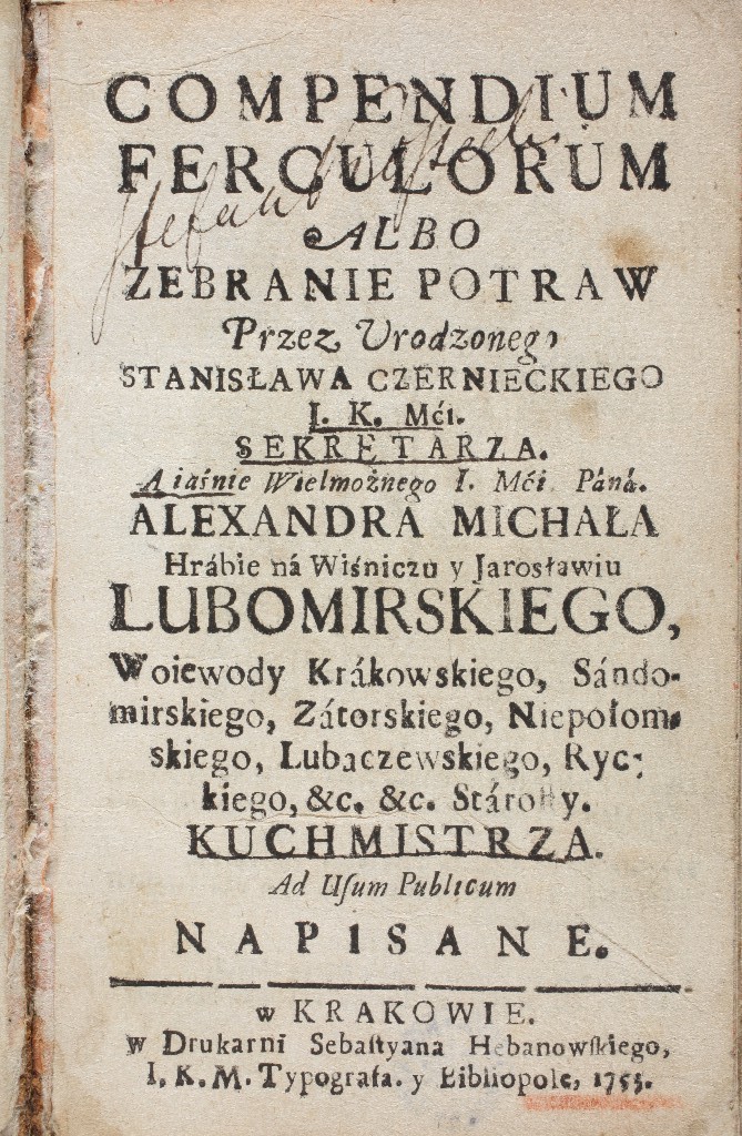 Strona tytułowa książki Stanisława Czernieckiego Compendium ferculorum z 1753 r.