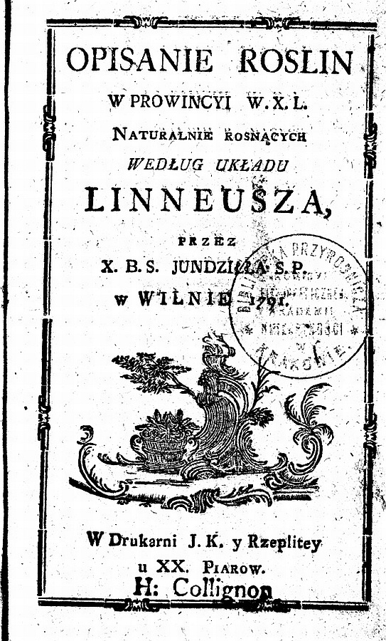 Kserokopia strony tytułowej "Opisanie roślin"  Stanisława Jundziłła. 