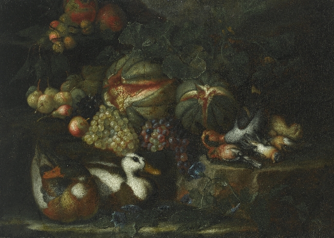 Obraz olejny przedstawia martwą naturę. Na pierwszym planie dwie kaczki, głębiej owoce: winogrona, jabłka, gruszki oraz arbuzy. Obraz utrzymany jest w tonacji zieleni brązów i bieli.