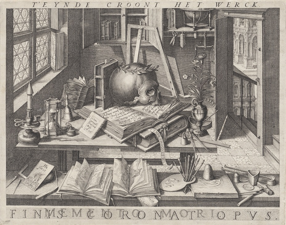 Grafika „Vanitas” przedstawia wnętrze pokoju w którym znajduje się stół, na którym są rozłożone księgi i czaszka, narzędzia. Stoi tam wazon z kwiatami, klepsydra, dzwonek oraz świecznik. Poniżej jest ława a na niej leżą otwarte książki, paleta z pędzlami i inne przedmioty. W głębi wnętrza stoi sztaluga malarska. 