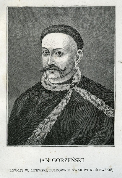 Portret mężczyzny w średnim wieku, z wąsem. Ubrany na ciemno. Jest to Jan Gorzeński herbu Nałęcz, skazany na infamię za przejście na stronę szwedzką podczas Potopu.