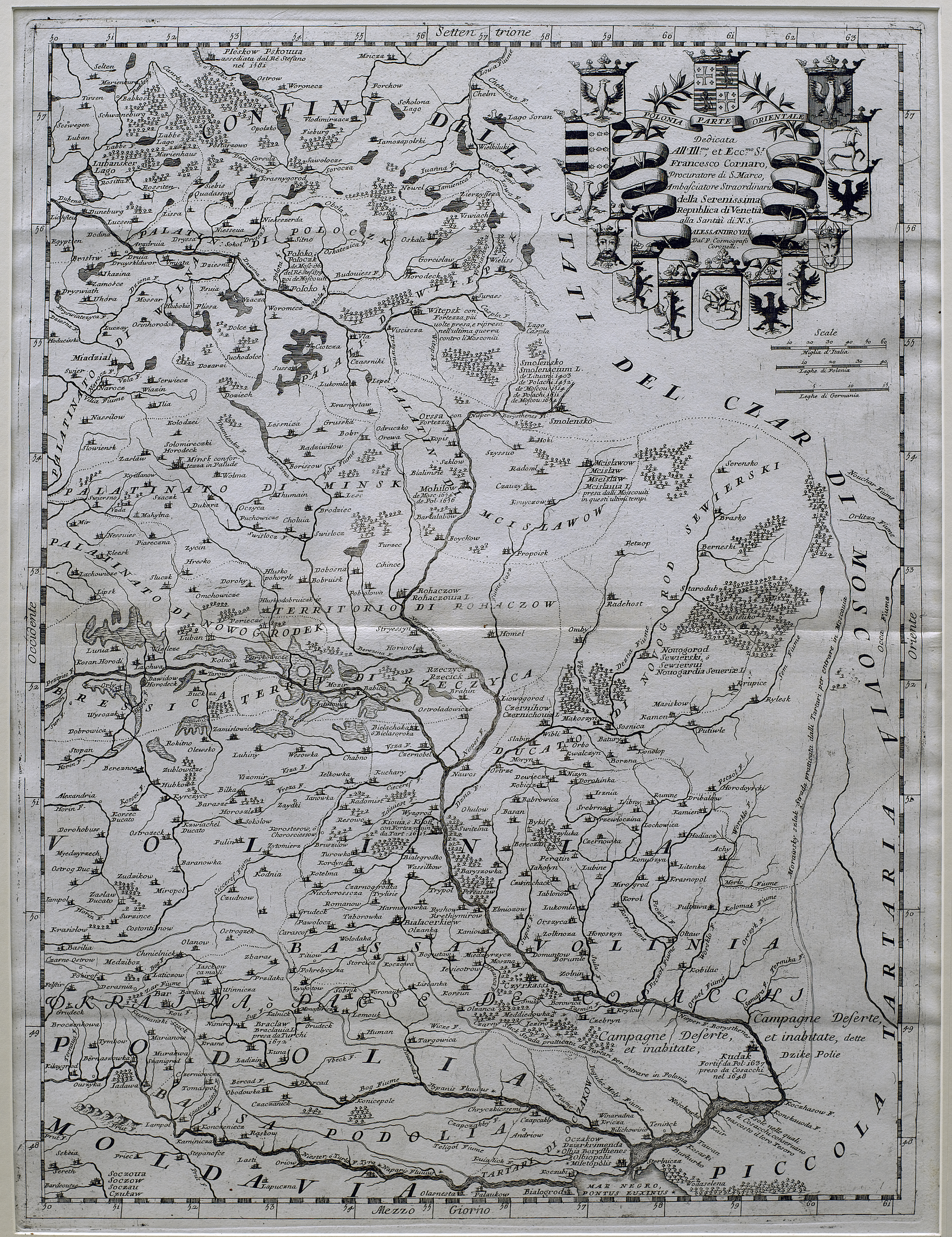 Mapa Rzeczpospolitej opracowana przez Vincenzo Marię Coronellego, część wschodnia z 1692 r.