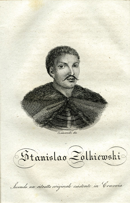 Portret mężczyzny w średnim wieku, z krótkimi włosami i wąsikiem. Ubrany w strój historyczny, pod szyją zapięty płaszcz z futrzanym kołnierzem. Pod portretem napis: Stanislaw Zolkiewski. Jest to grafika – portret Hetmana Stanisława Żółkiewskiego. 