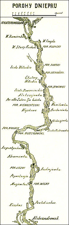 Ilustracja przedstawia rzekę. Na szczycie napis: Porohy Dniepru. Jest to ilustracja z Wielkiej Encyklopedii Ilustrowanej z 1895r.