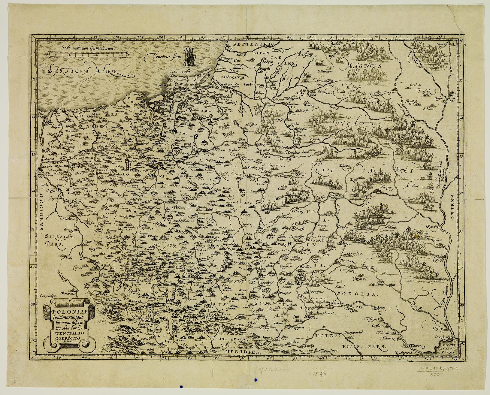 Stara mapa na której widać tereny Polski. Po lewej stronie w rogu, na dole napis POLONIAE.