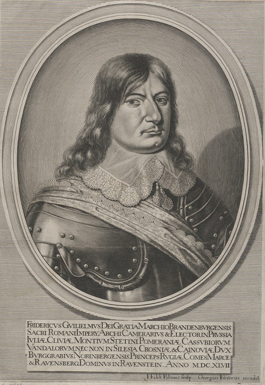 Portret mężczyzny w średnim wieku. Mężczyzna ubrany jest w zbroję, pod szyją ma duży kołnierz wykończony koronką. Portretowany ma długie, lekko falowane włosy, opadające na ramiona, oraz duży nos i poważny wyraz twarzy. Portret ujęty jest w owalną ramę, pod którą znajduje się tablica z napisami po łacinie. Jest to Portret Fryderyka Wilhelma elektora brandenburskiego. 