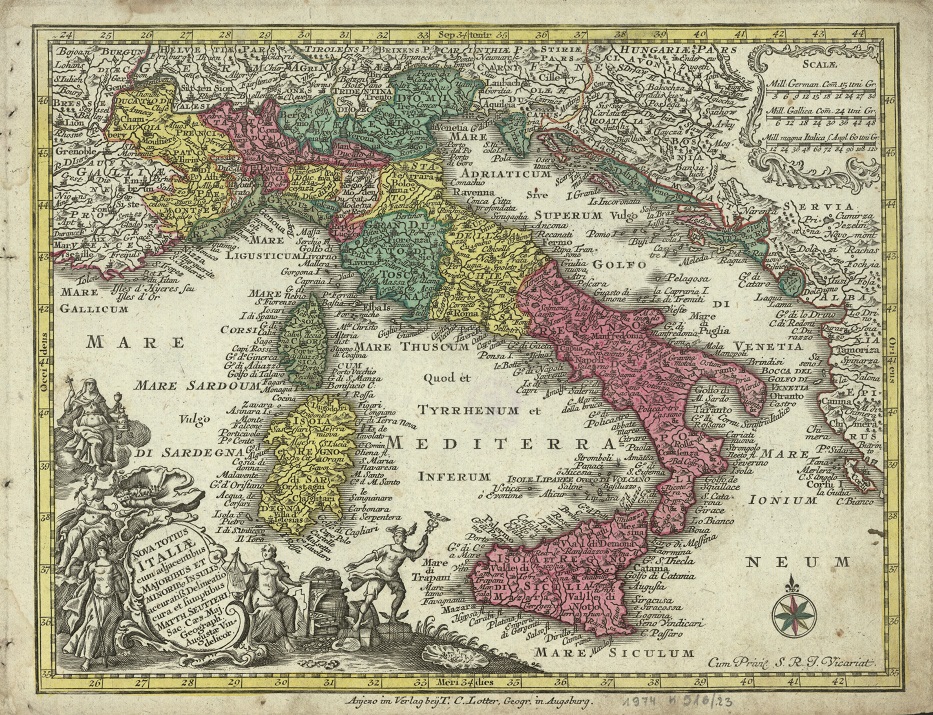 Grafika z barwną mapa Włoch z 18 wieku, autorstwa Matthäusa Seuttera. 