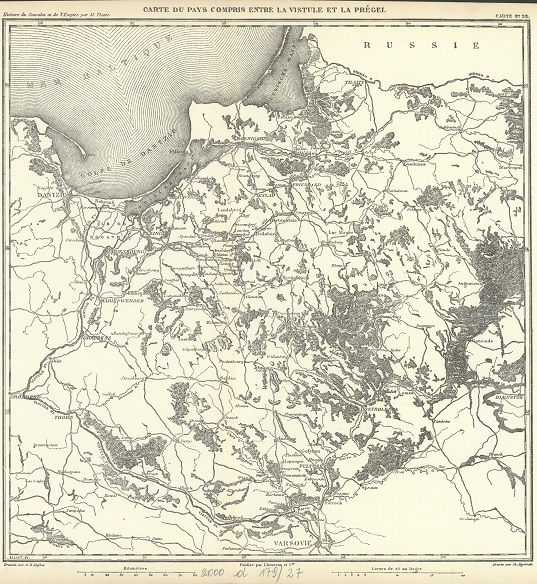 Biało-czarna mapa Prus wraz z ujściem Wisły z XIX wieku. 