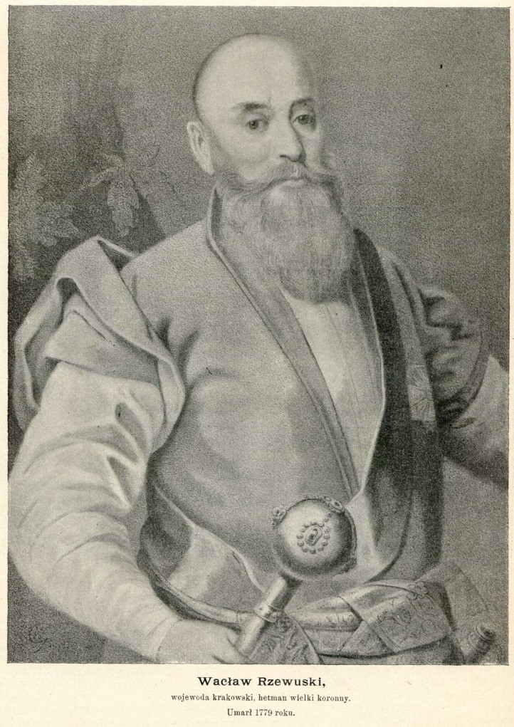 Portret mężczyzny z wąsami i długą brodą. Ubrany w żupan, w ręce trzyma buławę. Jest to portret Hetmana Wacława Piotra Rzewuskiego.