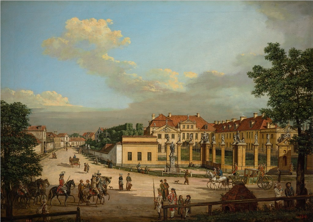 Obraz przedstawia Pałac Mniszchów, namalowany przez Bernardo Bellotto zw. Canaletto. Na pierwszym planie droga i ludzie, którzy spacerują lub rozmawiają. Na drodze powozy. Dalej pałac z ogrodzeniem. Połowę kompozycji obrazu zajmuje niebo.