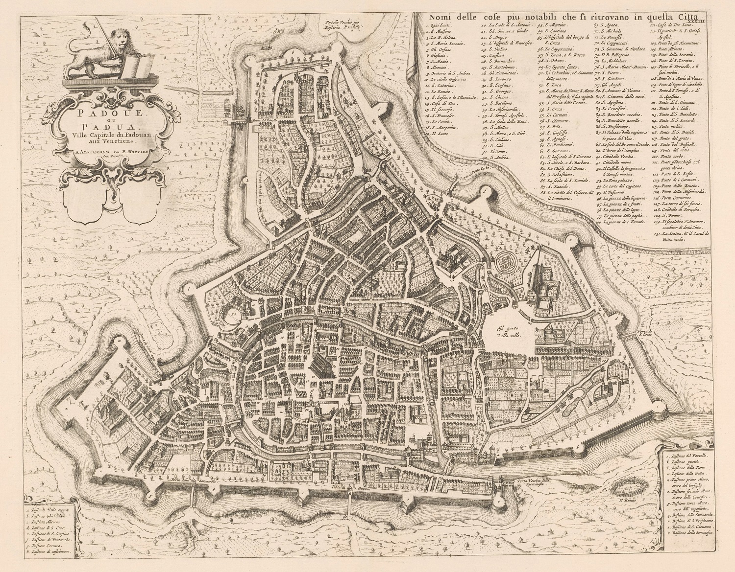 Grafika przedstawia mapę o bardzo szczegółowym rysunku. Jest to plan Padwy z początku 18 wieku. Po prawej stronie u samej góry znajdują się oznaczenia cyframi i nazwy. Po lewej stronie u góry znajduje się kartusz w polu którego napisane jest Padwa. Powyżej na cokole stoi lew z mieczem.