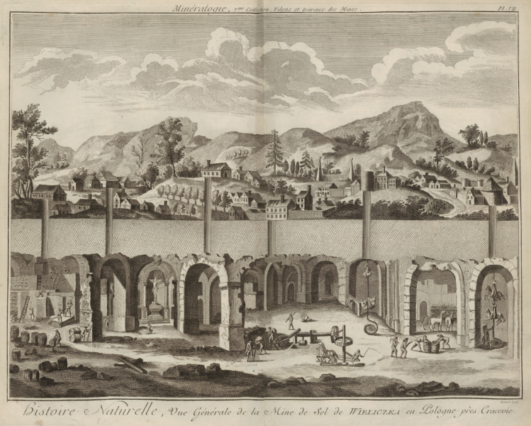 Rycina przedstawia kopalnię, w oddali pejzaż, rozsiane domy i pagórki. Na pierwszym planie w kopalni pracują ludzie. Jest to kopalnia soli w Wieliczce. 