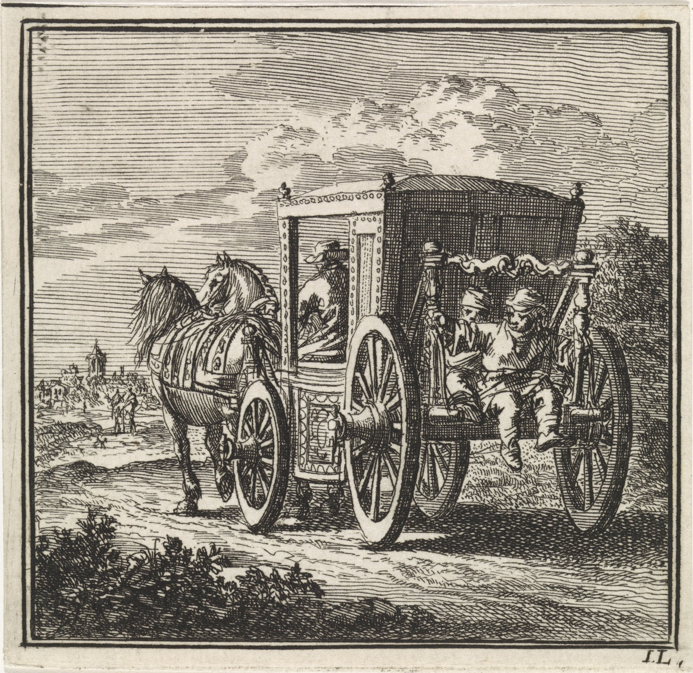 Stara rycina. Przedstawia powóz konny jadący drogą. Prowadzą go dwa konie i woźnica, z tyłu na dużych kołach i wsporniku siedzą dwie postaci wyglądające na dzieci.