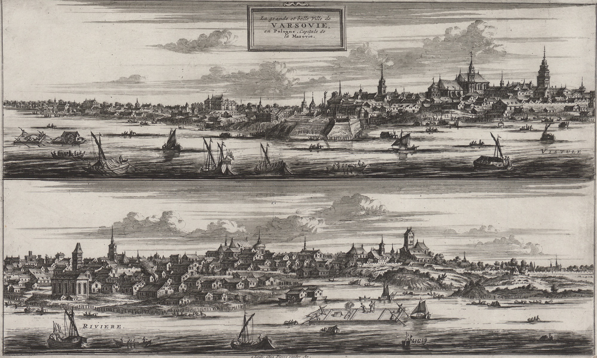 Grafika przedstawia panoramę Warszawy. Podzielona jest na dwie części. Górna część pokazuje stare miasto, zamek królewski z widokiem na Wisłę i płynące po niej statki. Dolna część przedstawia widok po drugiej stronie Wisły, gdzie widzimy kościoły i inne zabudowania miejskie. 