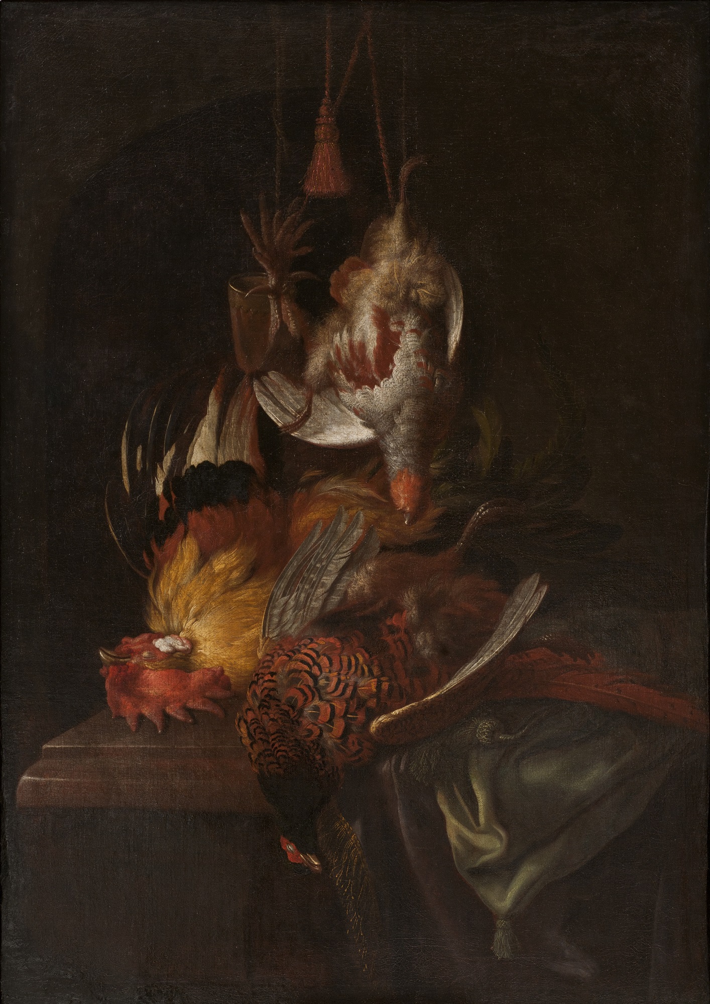 Martwa natura z ptakami. Na stole, bądź podeście widzimy fragment draperii w jasnych błękitach, obok leżą dwa ptaki m.in. bażant. Powyżej zwisa mały ptak. W tle ciemna nisza. Obraz szczegółowo dodaje upierzenie i niezwykłą barwę ptaków. 