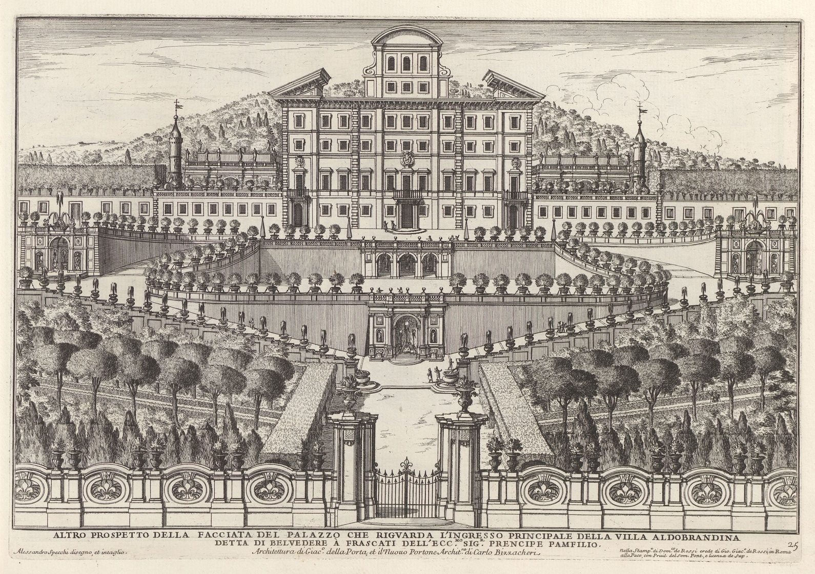 Ilustracja przedstawiająca pałac w typie renesansowym i ogród. Całość ogrodzona. Rysunek oddaje precyzyjnie detale i szczegóły. Jest to Villa Aldobrandini te Frascati.