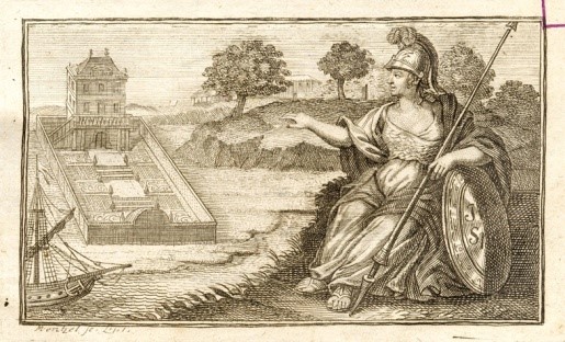 Czarno-biała grfaika przedstawiająca po lewej domek-muzeum i ogród Jacoba Theodora Kleina, po prawej siedząca boginii anntyczna w hełmie i z tarczą u boku, wskazująca palcem na ogród i muzeum.