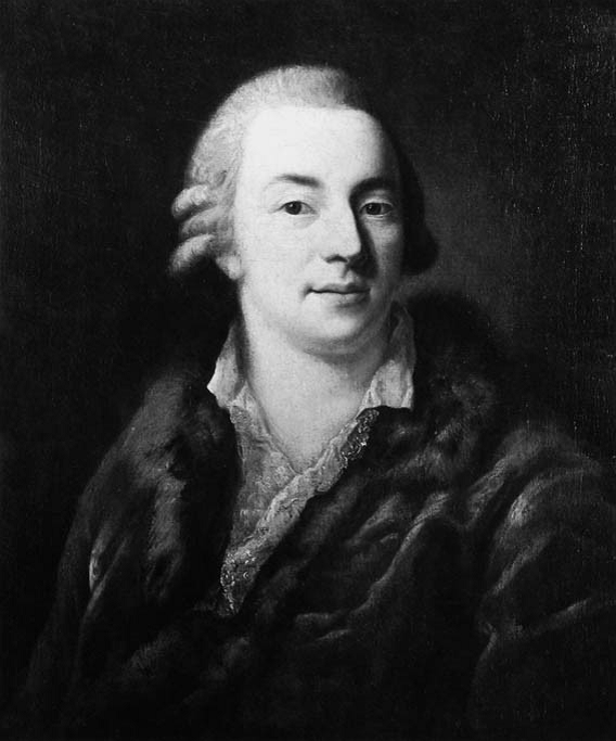 Czaeno-biała reprodukcja portretu Giovanniego Giacomo Casanova di Seingalt - mężczyzna w średnim wieku, w peruce spogląda wprost na widza. Ubrany jest w futro, spod którego widać kawałek koronkowej koszuli z kołnierzykiem.  Sportretowany jest na ciemnym, jednolitym tle.