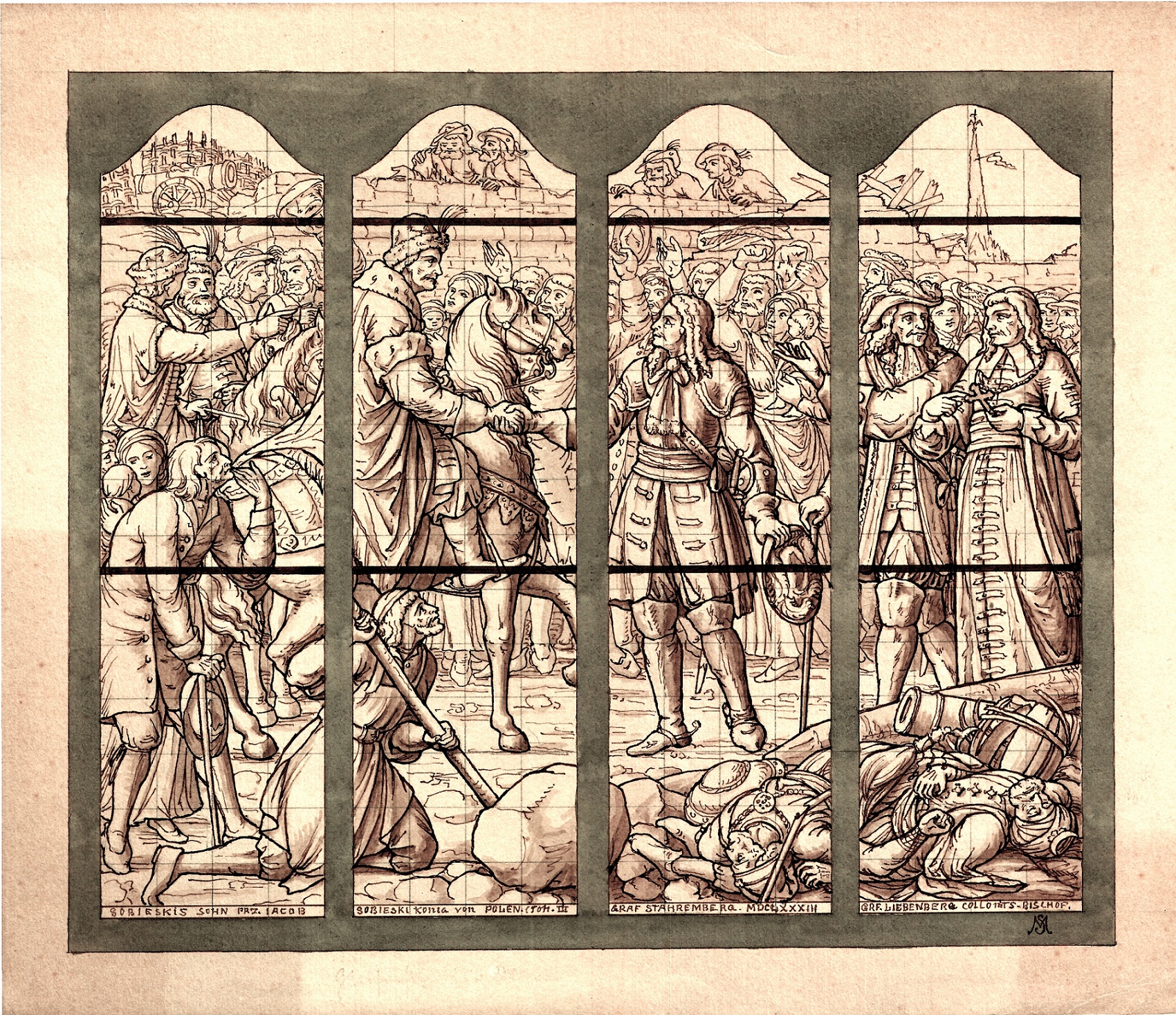 Projekt witraża dla kościoła w Cleveland z wyobrażeniem licznych bohaterów zwycięskiej bitwy pod Wiedniem 1683 r. oraz statystów, z królem Janem III Sobieskim na pierwszym planie
