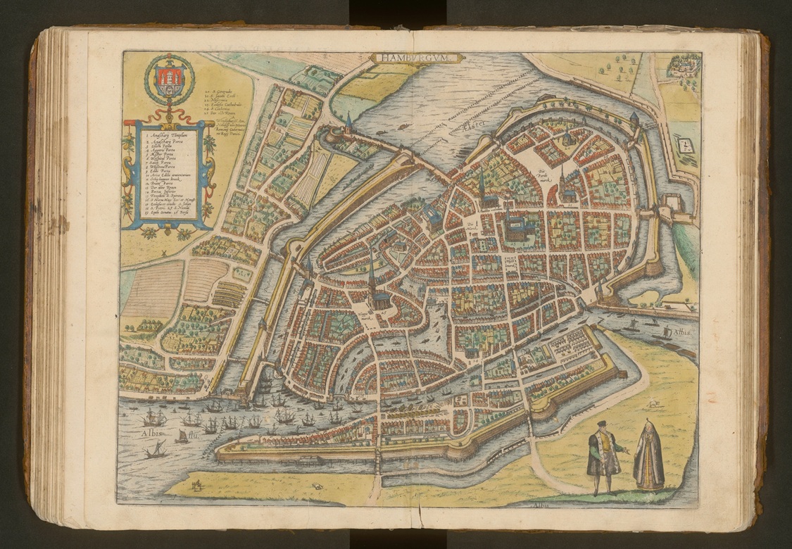 Stara, kolorowana mapa Hamburga z zaznaczonymi charakterystycznymi obiektami architektury sakralnej i świeckiej