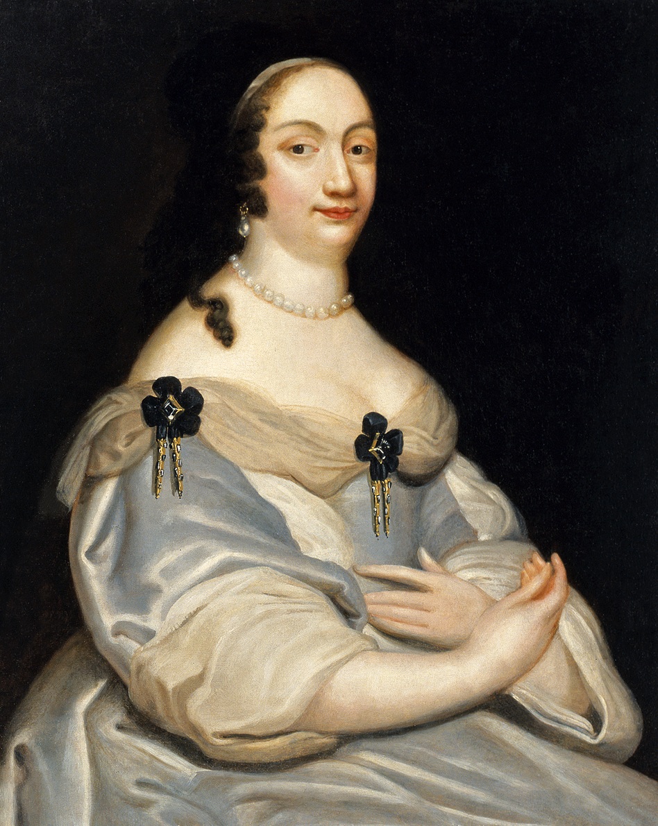 Wyniosła acz niepozbawiona wdzięku kobieta w średnim wieku spogląda na widza z reprezentacyjnego portretu; to Ludwika Maria Gonzaga, żona dwóch kolejnych władców z dynastii Wazów – Władysława IV oraz Jana Kazimierza. Przedstawiona jest w ujęciu do kolan, 3/4 w prawo, ubrana w srebrzystobiałą, nisko wyciętą suknię z bufiastymi rękawami, przybraną przy dekolcie muślinem i czarnymi kokardami. Szyję zdobi sznur pereł, w uszach kolczyki w kształcie łezki.