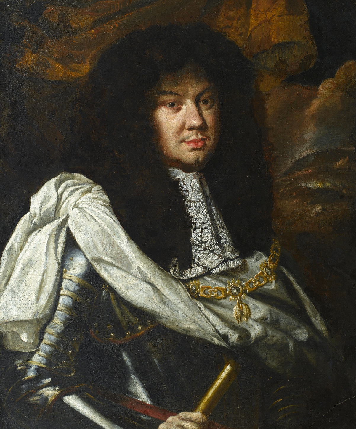 Obraz powiela typ arystokratycznych portretów oficjalnych. Mężczyzna w bujnej czarnej peruce, zbroi, przez która przewieszona jest biała peleryna, na szyi nosi koronkowy żabot z łańcuchem orderu Złotego Runa na piersi, ma oznakę władzy wojskowej - buławę w prawej dłoni