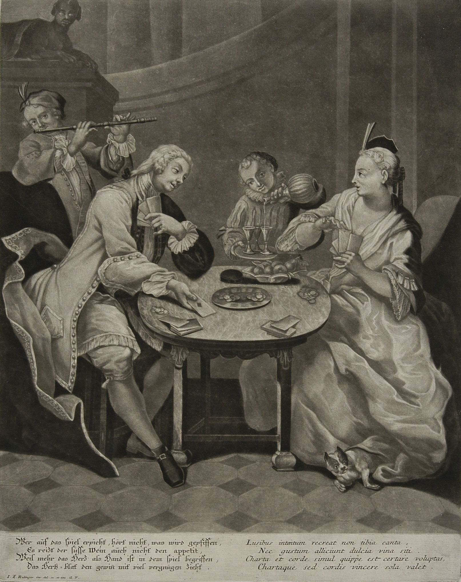 Stara rycina. Przedstawia scenę zbiorową we wnętrzu. Przy stole siedzi mężczyzna i kobieta, grają w karty.  Za nimi dwóch muzykantów.