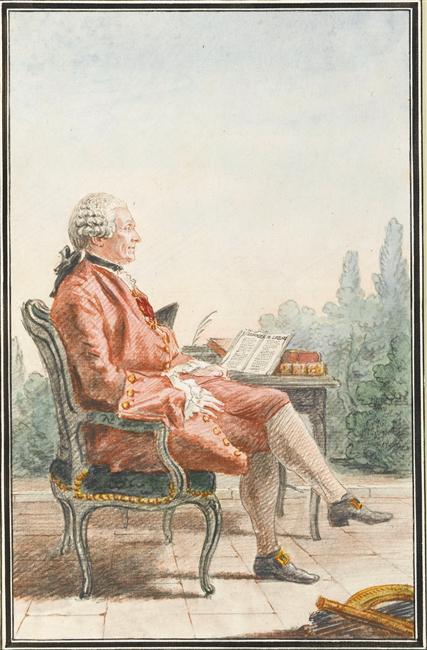 Ilustracja przedstawia siedzącego na fotelu mężczyznę w białej peruce, czerwonym surducie i pantalonach, obok którego na stoliku leżą książki, otwarty rękopis i kałamarz z gęsim piórem. W tle roślinność, w prawym dolnym rogu widoczne instrumenty pomiarowe (astronomiczne?).