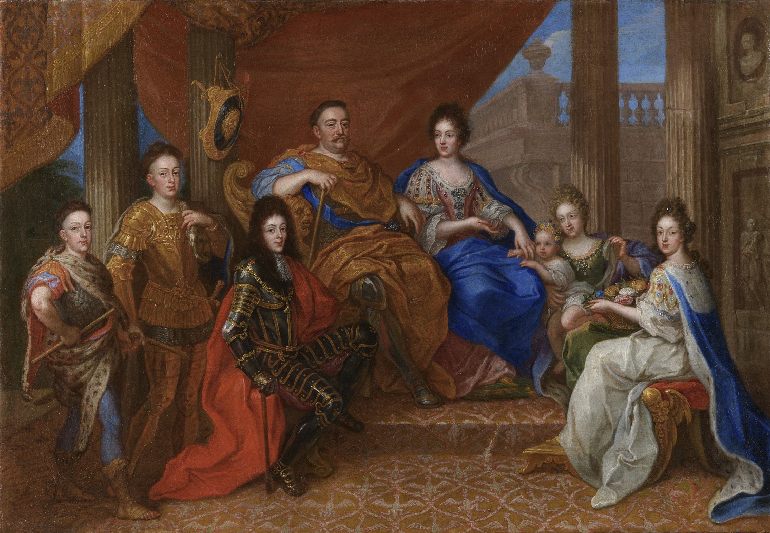 Portret grupowy przedstawia trzy pokolenia rodziny Sobieskich: króla Jana III, królową Marię Kazimierę, najstarszego królewicza Jakuba Ludwika, młodszych synów Aleksandra Benedykta i Konstantego Władysława, córkę Teresę Kunegundę, Jadwigę Elżbietę von Pfalz-Neuburg, małżonkę Jakuba oraz maleńką Marię Leopoldynę (1693–1695). Była to najstarsza córkę Jakuba i Jadwigi Elżbiety.