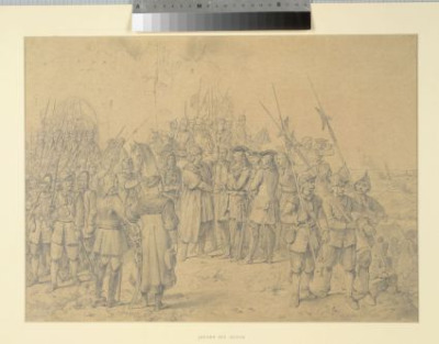 Rysunek wykonany ołówkiem. Przedstawia zgromadzonych zółnierzy, którzy stoją blisko siebie i rozmawiają. Jest to spotkanie Karola Lotaryńskiego i Jana III Sobieskiego na Leopoldsbergu. 