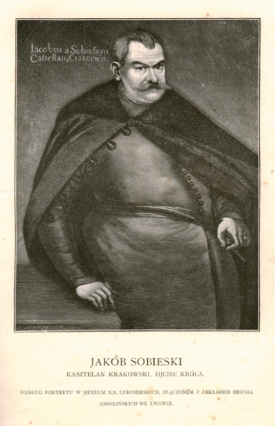 Grafika. Przedstawia portret mężczyzny w starszym wieku, z wąsem. Ubrany w historyczny strój i długi płaszcz spięty pod szyją. Prawą rękę opiera na stole, w lewej trzyma jakiś przedmiot. Jest to portret Jakuba Sobieskiego - ojca króla Jana III Sobieskiego. 
