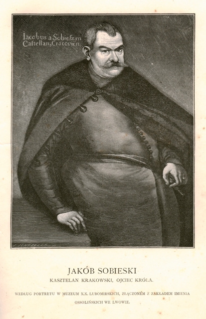 Grafika. Przedstawia portret mężczyzny w starszym wieku, z wąsem. Ubrany w historyczny strój i długi płaszcz spięty pod szyją. Prawą rękę opiera na stole, w lewej trzyma jakiś przedmiot. Jest to portret Jakuba Sobieskiego - ojca króla Jana III Sobieskiego. 