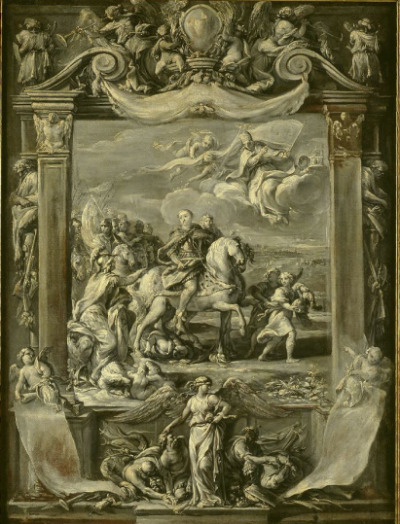 Zdjęcie oleju na płótnie. Przedstawia apoteozę króla Jana III Sobieskiego. Monarcha przedstawiony został konno, na czele zbrojnych hufców. Władcę otaczają liczne postacie alegoryczne, jak bogini Roma czy wilczyca karmiąca Remusa i Romulusa. W obłokach unosi się papież Innocenty XI prowadzony przez Ducha Świętego. 