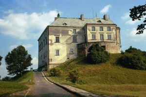 Kolorowa fotografia. Przedstawia widok na pałac znajdujący się na lekkimwzniesieniu. Prowadzi do niego prosta droga pod górę. 