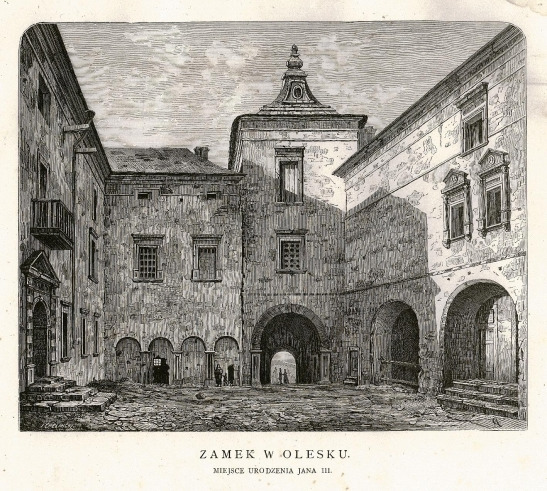 Grafika. Przedstawia zamek w Olesku w którym urodził się król Jan III Sobieski. Mury są cześćiowo oświetlone od słońca, reszta pozostaje w cieniu. 