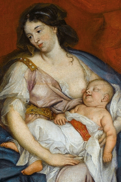 Zbliżenie na portret królowej Marii Kazimiery z dziećmi. Na związek królowej z boginią macierzyństwa, życia i płodności wskazuje ukazanie jej w stroju antycznym, z niemowlęciem przy piersi (małym Janem Sobieskim) i w otoczeniu swoich dzieci. 