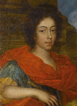 Zbliżenie na portret jednego z dzieci królowej Marii Kazimiery. Chłopiec z ciemną czupryną włosów. Ubrany w strój antyczny. Orzeł towarzyszący zwykle bogini Rei znajduje się w centrum kompozycji i obejmuje swoimi skrzydłami pierworodnego syna Jakuba w purpurowej szacie, jako następcę tronu. 