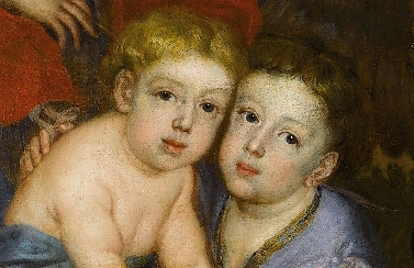 Zbliżenie na fragment obrazu. Dwaj synowie Jana III, Aleksander Benedykt i Konstanty Władysław, w antykizujących szatach dosiadają lwa, który jest symbolem przynależności do rodu królewskiego i zapowiedzią ich mężnych czynów w przyszłości. 