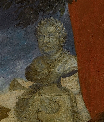 Zblżenie na fragment obrazu. Jan III Sobieski uczestniczy w tej scenie w formie widocznego w głębi popiersia rzeźbiarskiego z głową w wieńcu laurowym, z atrybutami sławy i zwycięstwa.  