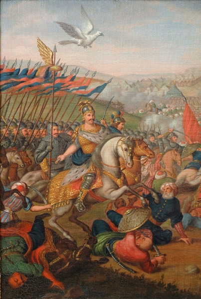 Obraz przedstawiający bitwę pod Wiedniem. Pośrodku kompozycji Jan Sobieski na białym koniu. Ubrany w zbroję i hełm. Za nim wojska polskie z flagami. Przed Sobieskim na koniu wojsko tureckie, które poległo. W tle zarys namiotów tureckich i jasny dym. Nad Janem Sobieskim unosi się biały gołąb.