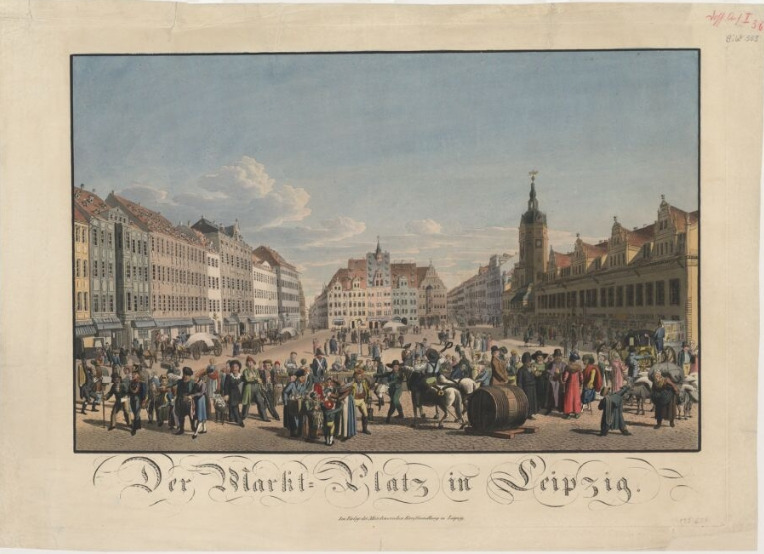 Stara grafika. Przedstawia widok Markt Platz w Lipsku. Grafika przedstawia mieszkańców zgromadzonych na placu. Po prawej stronie widzimy ratusz z wysoką wieżą. Na wprost kamienice i po lewej stronie rząd budowli.