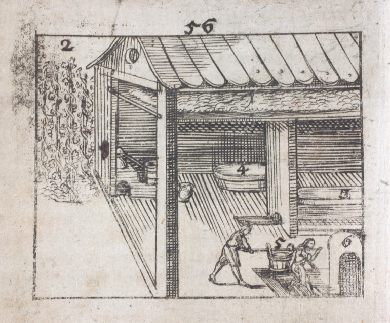 Ilustracja z elementarza Jana Amosa Komenskiego pt. "Piwowarstwo". Przedstawia fragment zabudowania z ludźmi, którzy pracują.  