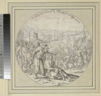 Grafika lub rysunek. Kompozycja w kole. Przedstawia oblężenie miasta i zamku Bar przez Jana III Sobieskiego. Na pierwszym planie postaci męskie. W głębi, po prawej stronie namioty tureckie i wojska tureckie. W tle lekko widoczne pagórki. 