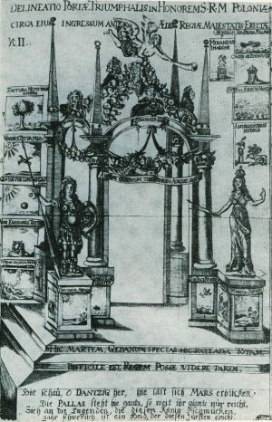 Rysunek. Kompozycja emblematyczna ujęta dwiema laurowymi gałązkami przedstawia dwugłowe popiersie na postumencie. Jest to przedstawienie boga Janusa. Janus był bogiem przemian i czasu, początku i końca, a także wojny i pokoju. Przez poetów gdańskich do Janusa przyrównywany był król Jan III Sobieski, który miałby tak jak jego starożytny poprzednik posiadać umiejętność widzenia i obserwowania przeszłości, a także wybiegania myślą w przyszłość. U dołu kompozycji: MIRANDVS IMAGINE (Godnym podziwu wizerunkiem). 