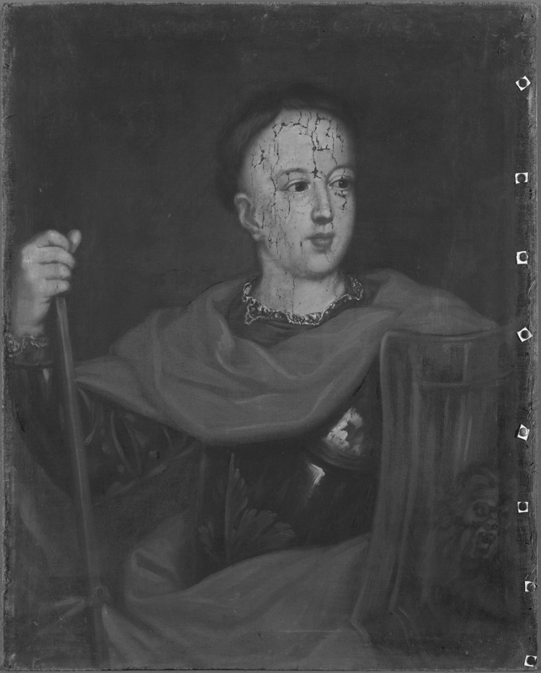 Portret Aleksandra Sobieskiego. Chłopiec przedstawiony w pozycji stojącej. Patrzy w lewą stronę. Ubrany w zbroję i płaszcz narzucony na ramiona. W lewej ręce trzyma tarczę, prawą opiera o broń. 